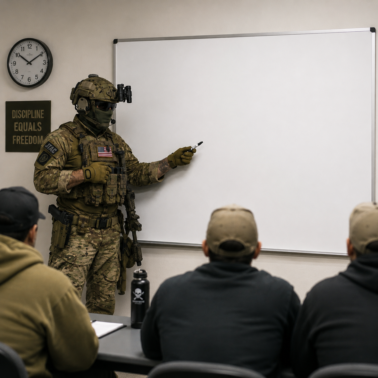 A soldier in camouflage uniform giving a presentation to a group of people in a classroom setting, with a whiteboard behind him and a sign on the wall that reads 'Discipline Equals Freedom'.
