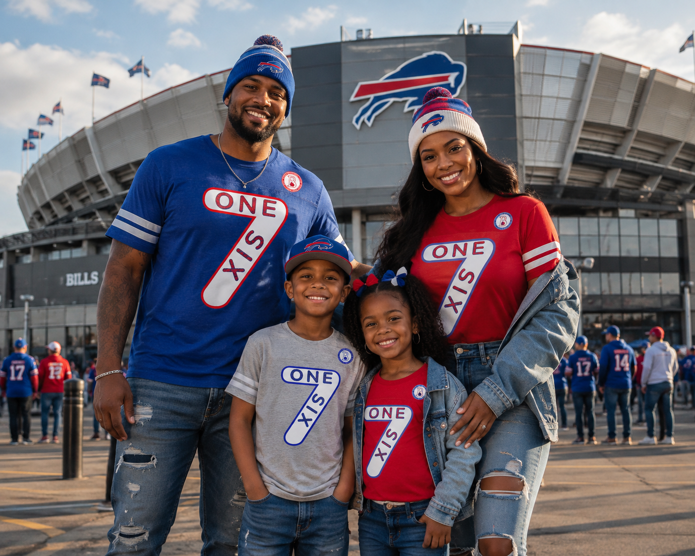 Family of four wearing Bills football team shirts and hats outside event stadium, smiling at camera.
