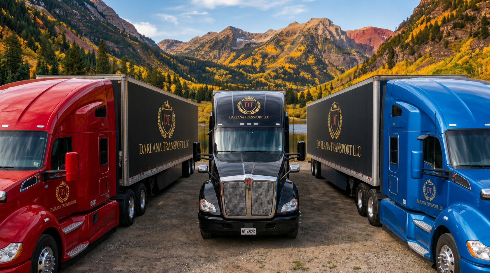 A black semi-truck cab with 'Darlana Transport LLC' logo, parked between two other semi-trucks, one red and one blue, with mountainous landscape and yellow autumn trees in the background.