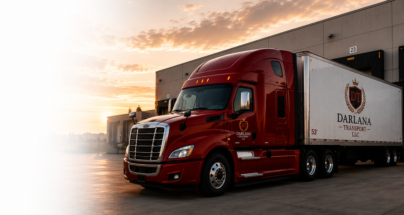A red semi-truck with a white trailer parked at a warehouse during sunset, with the company's logo and name 'Darlana Transport LLC' visible on the trailer.