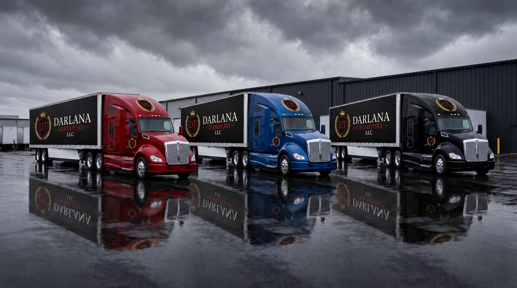 Three semi-trucks parked side by side on a wet surface under a cloudy sky, each featuring the Darlana Transport LLC logo on the side, with their reflections visible on the wet ground.