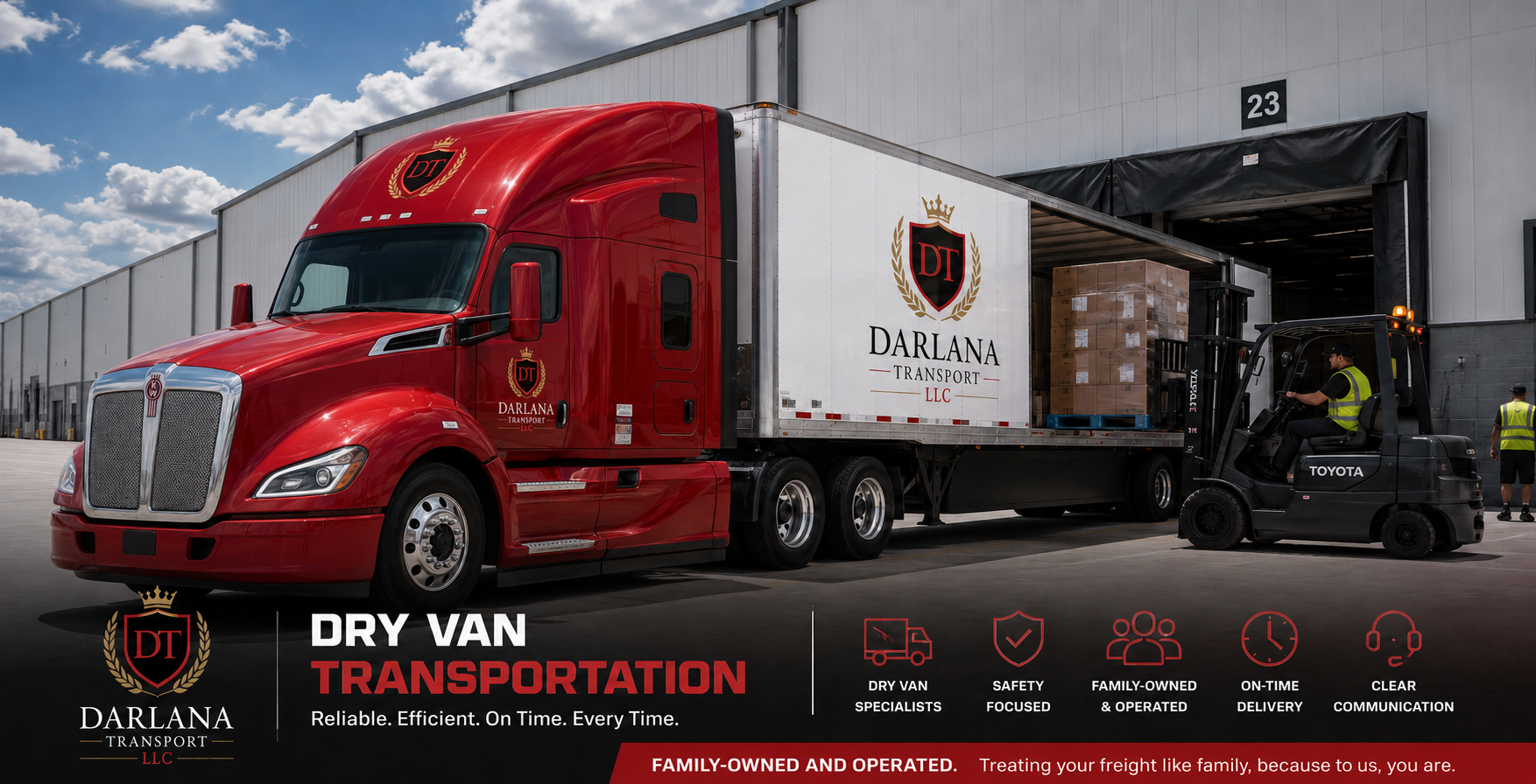A red semi-truck with a white trailer at a loading dock, with a forklift operator moving pallets into the trailer, and a person in a yellow safety vest walking nearby. The truck has Darlana Transport LLC branding and logo, and the image is promoting dry van transportation services.