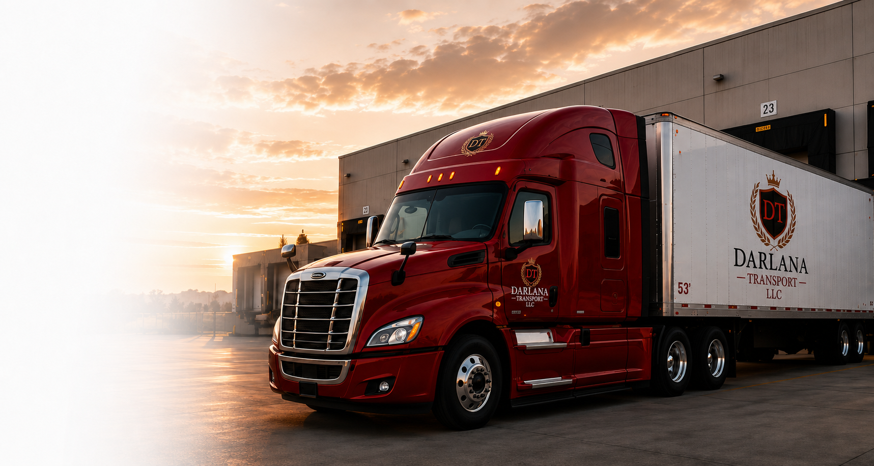 A red semi-truck with a white trailer, parked at a loading dock during sunset.
