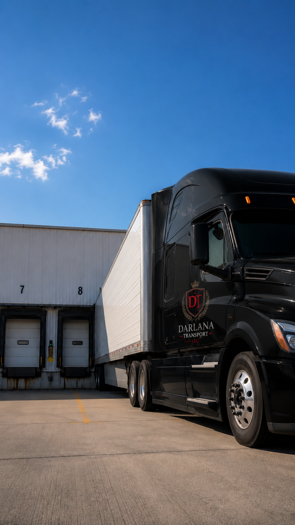 A black semi-truck with the logo 'Darlana Transport LLC' on its door, parked next to a warehouse with loading dock doors numbered 7 and 8, under a blue sky with a few clouds.