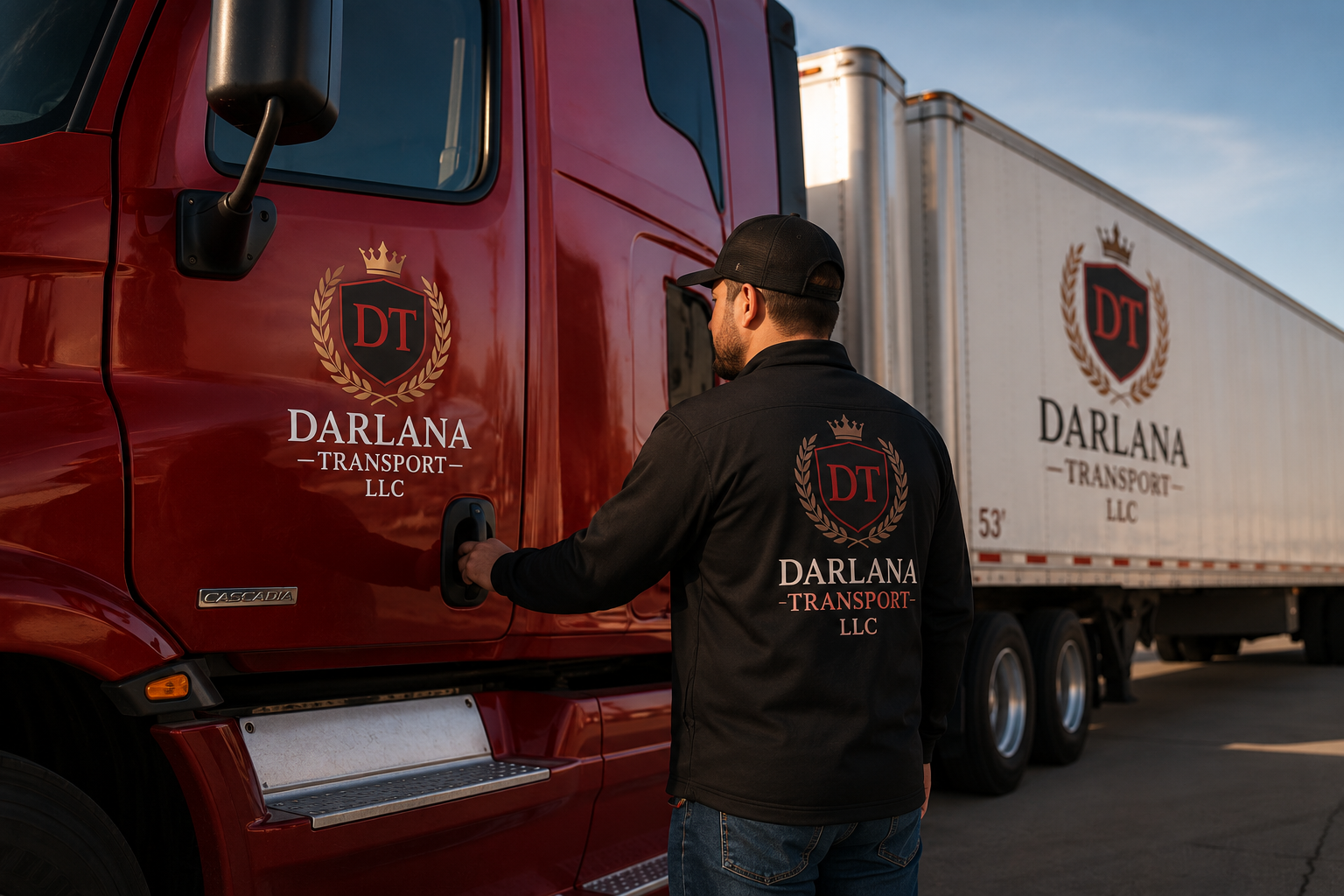 A man in a black jacket and cap standing next to a red semi-truck with a trailer, both branded with 'Darlana Transport LLC' logo.