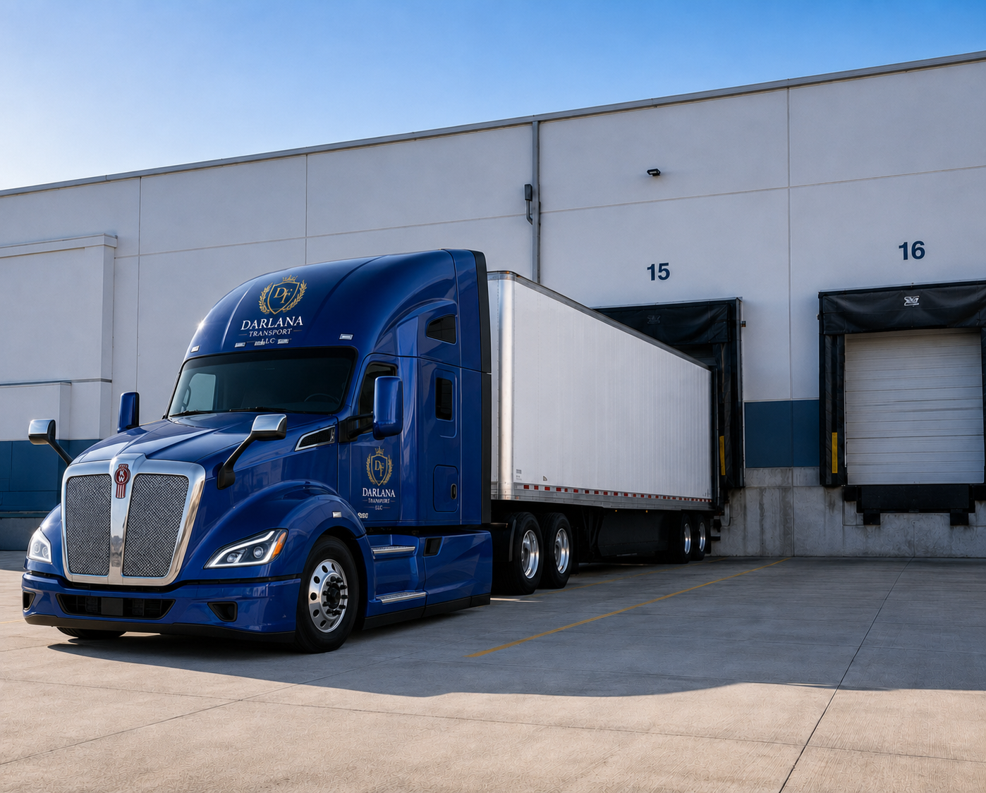 Blue semi-truck parked outside a warehouse with numbered loading docks 15 and 16.