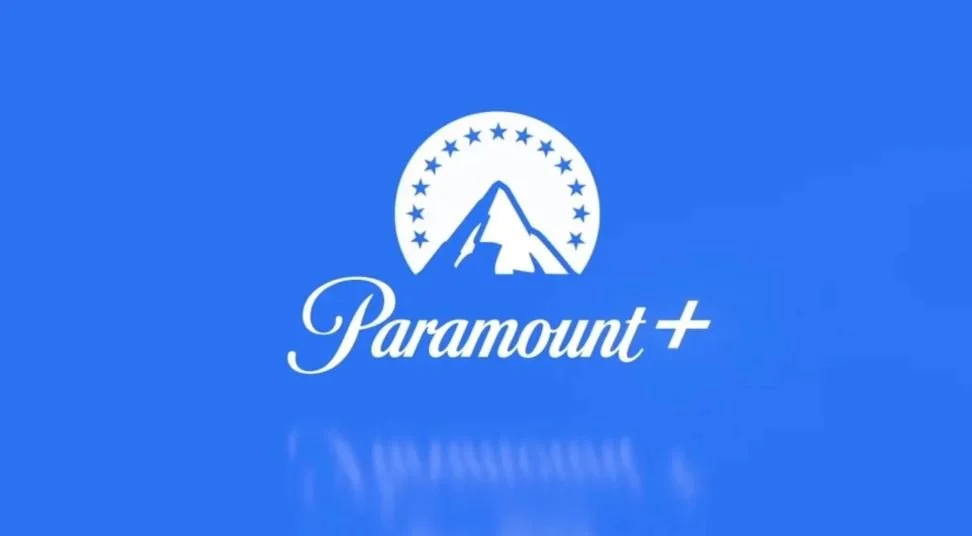 Paramount+ streaming service logo with mountain and stars on a blue background.