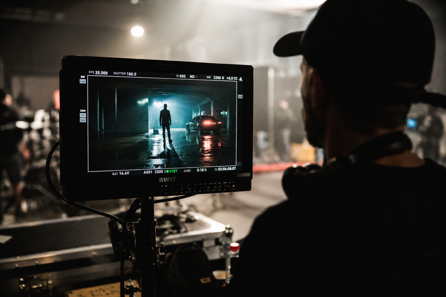 Person operating a camera on a film set, filming a scene with a silhouetted figure inside a tunnel or parking garage, with a car and bright lights in the background, dimly lit and cinematic atmosphere.