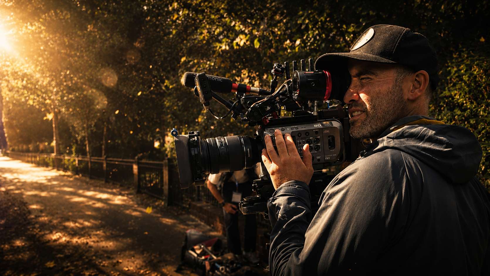 A cinematographer operating a professional video camera outdoors during sunset, with trees and a fence in the background.