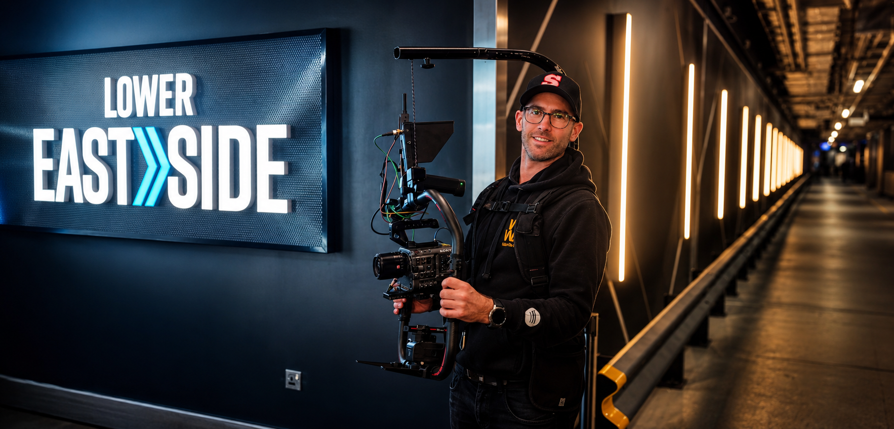 A man holding a professional camera rig with a stabilizer, standing in an indoor corridor with illuminated wall lights and a large sign that reads 'LOWER EAST SIDE'.