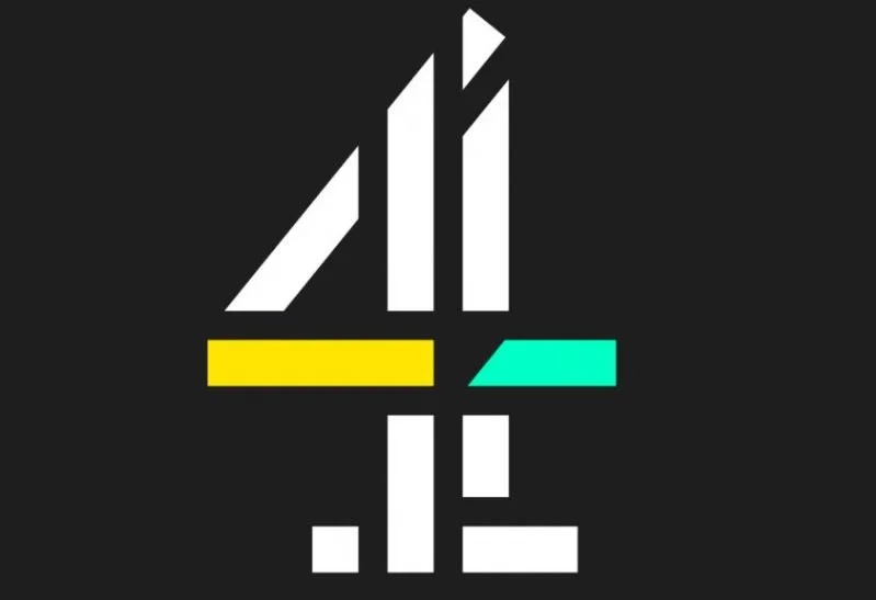 Abstract logo with white, yellow, and turquoise geometric shapes on black background.
