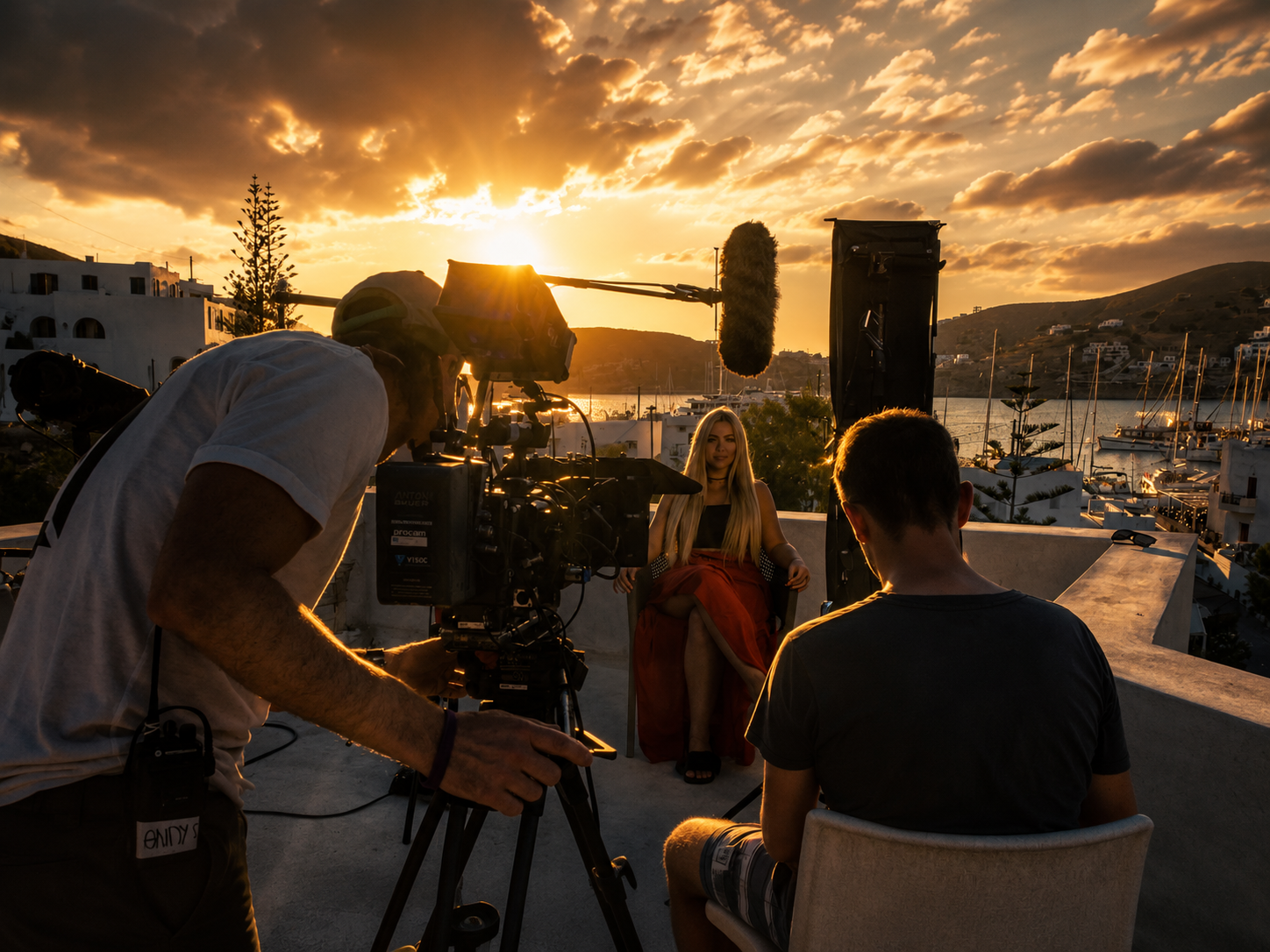 Filmmaker operating camera while directing a woman sitting on a ledge during sunset, with boats and a harbor in the background.