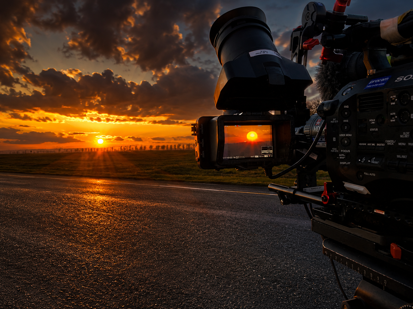 A professional camera captures a sunset over a rural road with the sun low on the horizon, casting orange and yellow hues across the sky and reflecting on the paved surface.