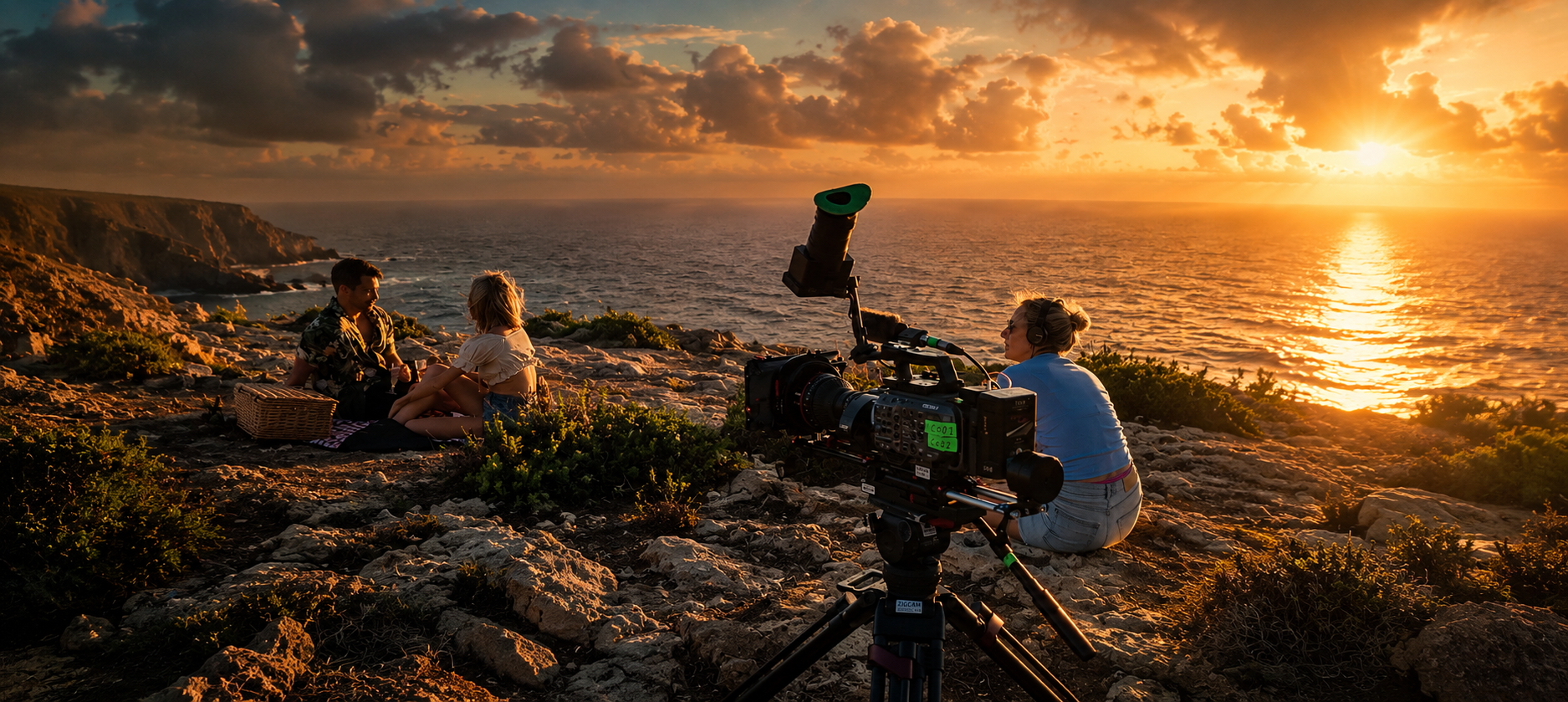 Filming crew captures a scene of a man and a woman with a child having a picnic on a rocky coastline at sunset. The camera is set up on a tripod, and the crew member wears headphones, with the sky filled with clouds and the sun setting over the ocean