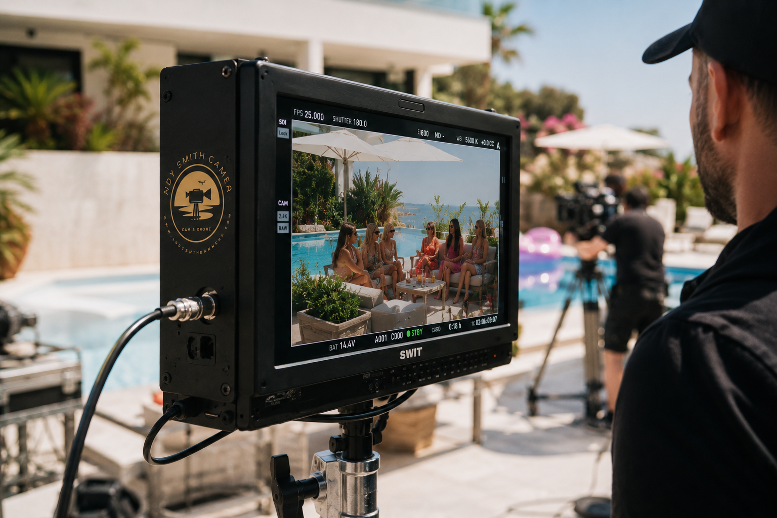 A film crew filming a group of women sitting by a swimming pool, with cameras and equipment on a sunny outdoor setting.