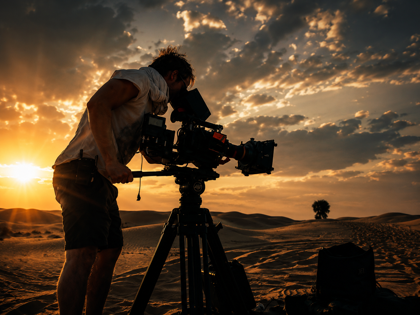 A person filming with a professional camera on a tripod in a desert at sunset, with sand dunes and a distant tree in the background.