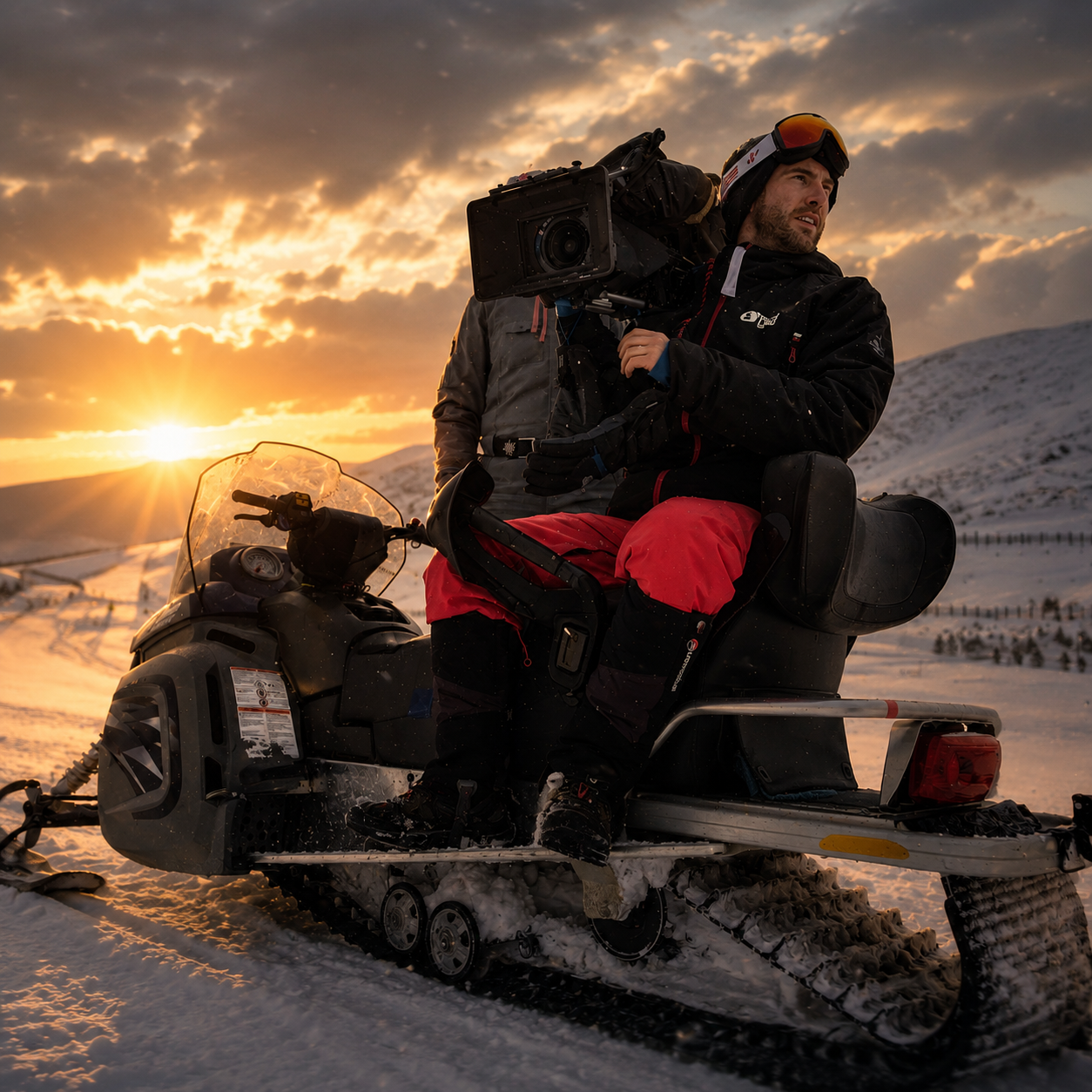 A man operating a snowmobile with a camera crew member in daylight sunset over a snowy landscape.