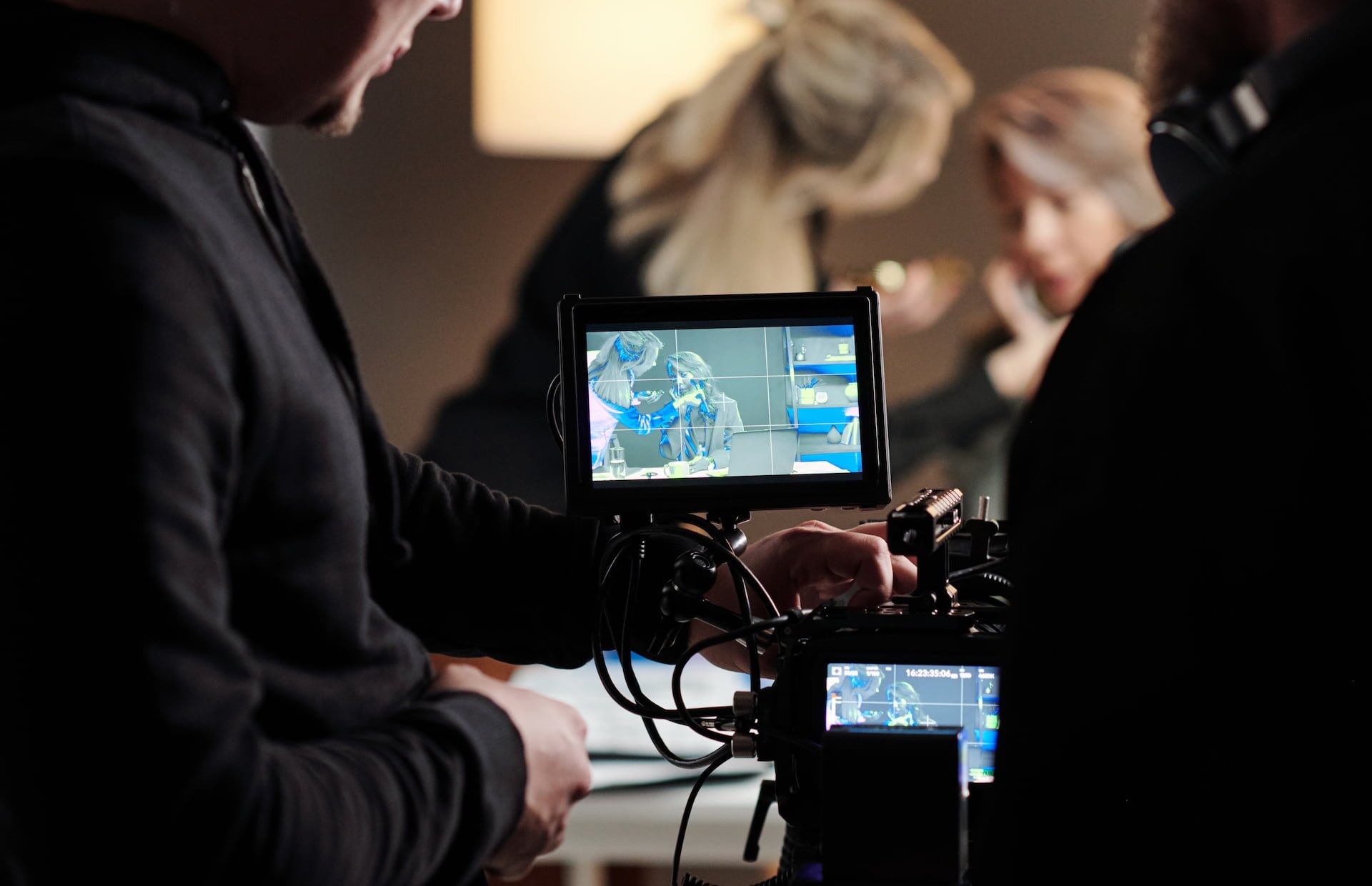 Camera monitor and production equipment in use.
