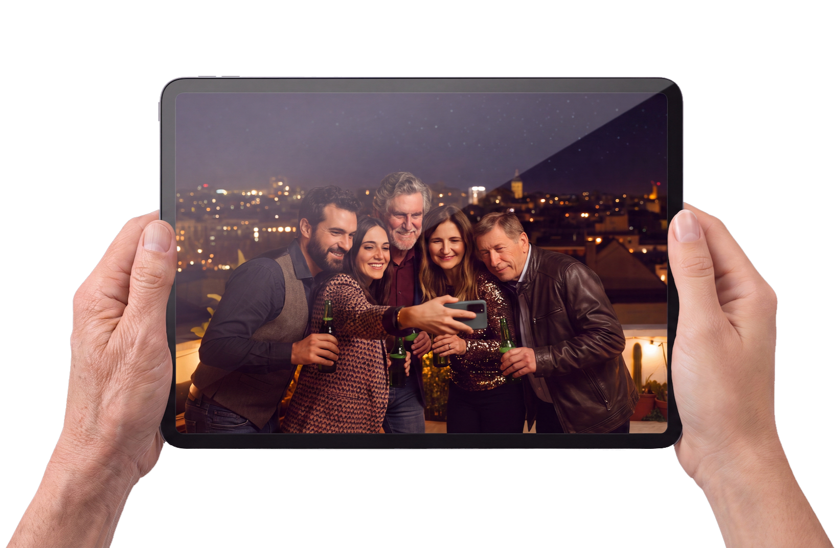 Hands holding a tablet displaying a group photo of people.