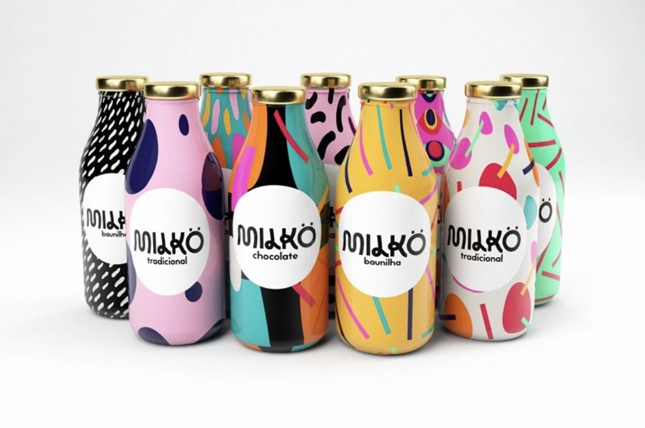 Row of colourful beverage bottles with coordinated labels