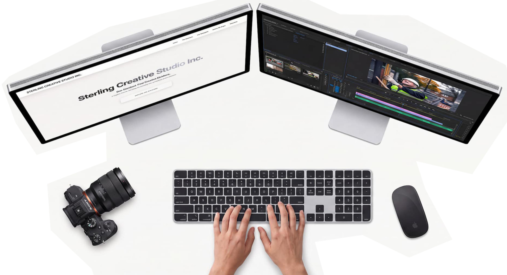 Dual-monitor workstation with editing software, camera, keyboard, and mouse.