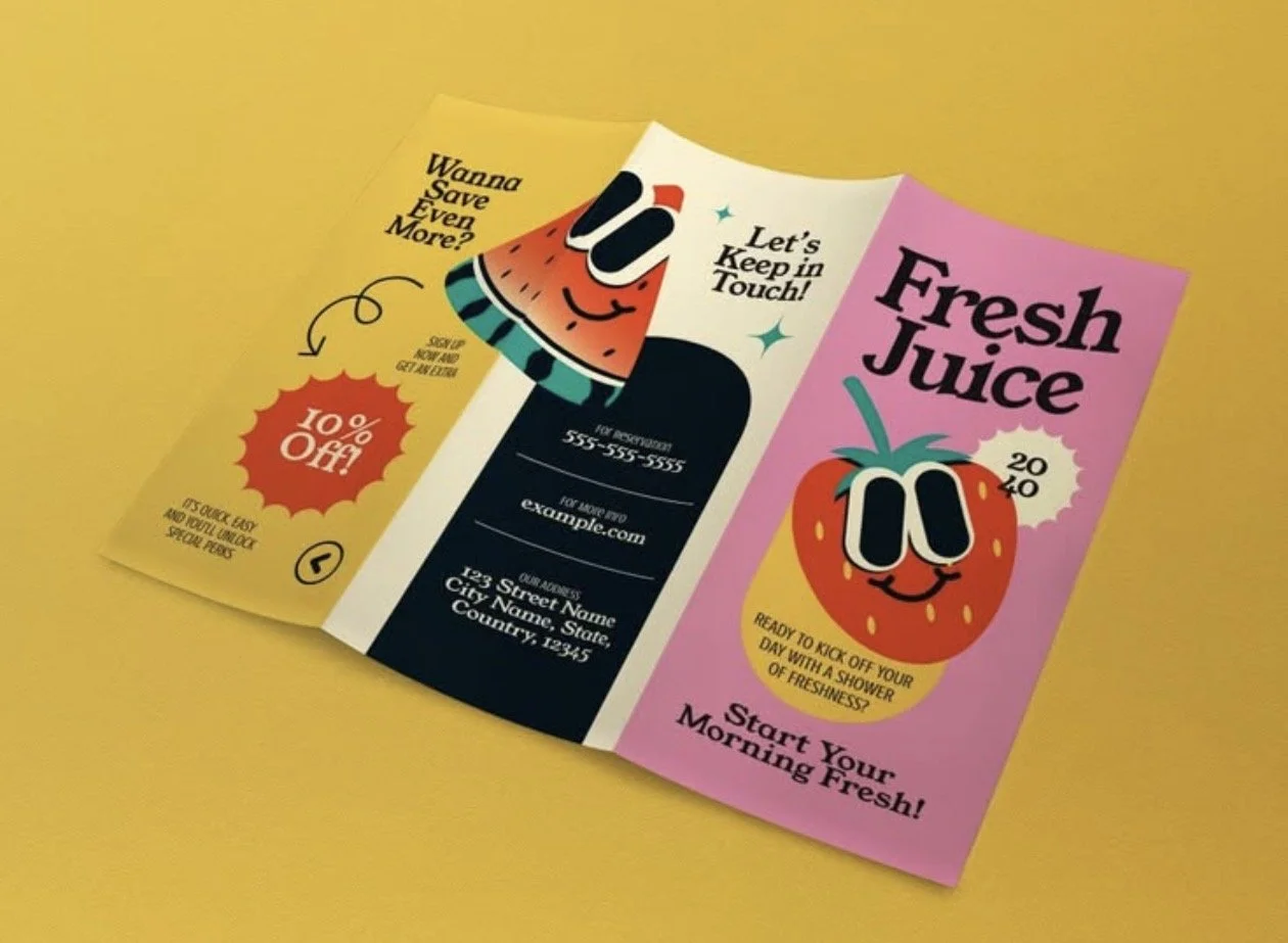 Two colourful printed brochure designs on a yellow background.
