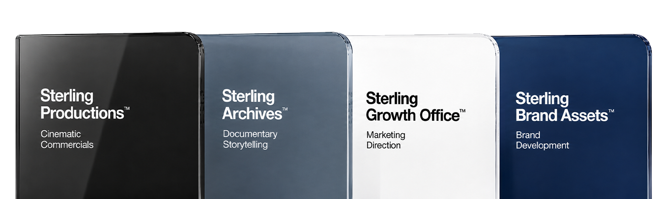 Four books standing side by side, titled 'Sterling Productions,' 'Sterling Archives,' 'Sterling Growth Office,' and 'Sterling Brand Assets,' with subtitles indicating their focus areas.
