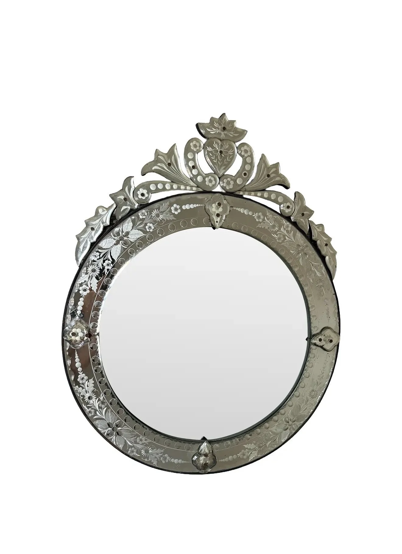 19th Century Venetian Etched Glass Mirror with Heart Crest