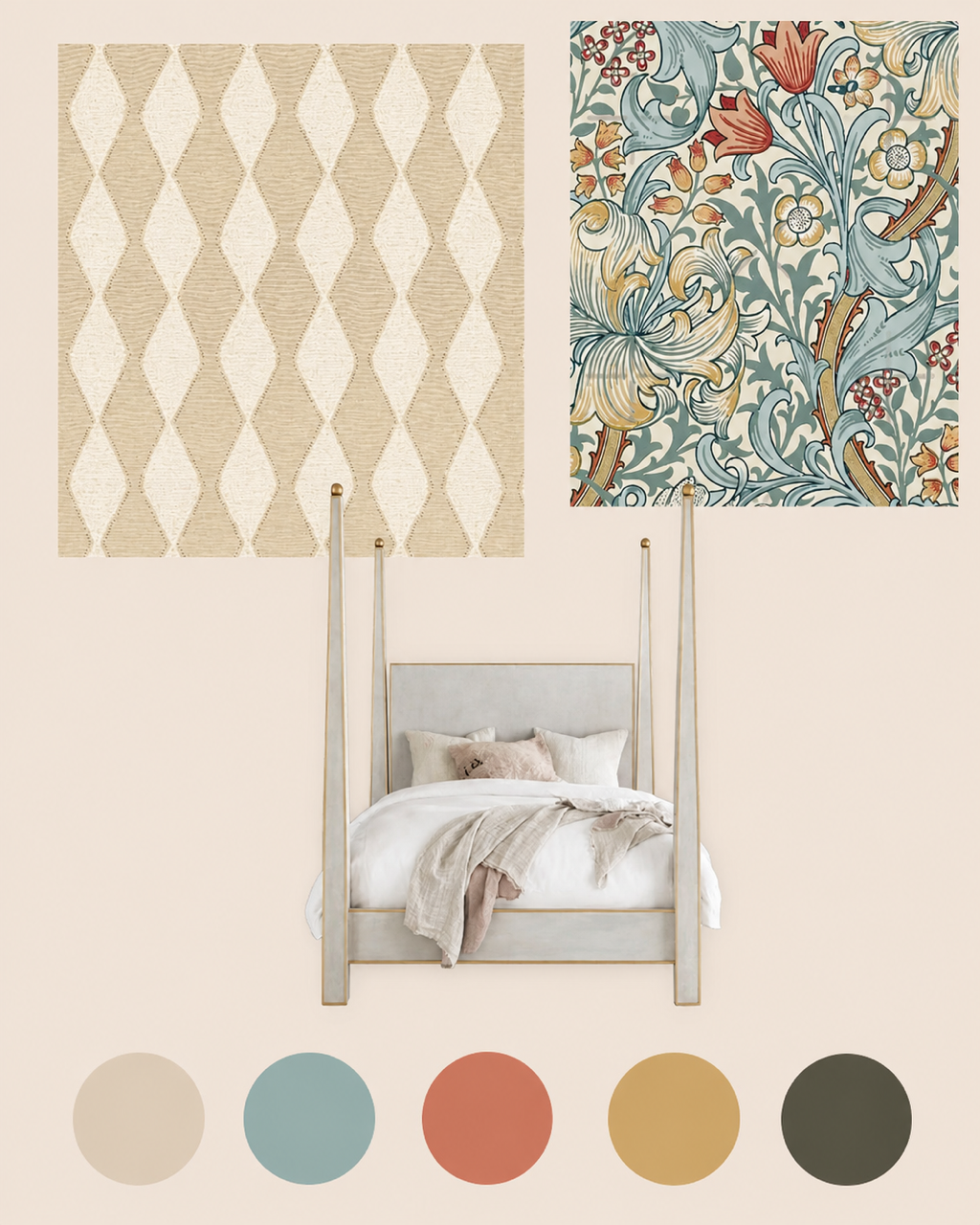 Interior design mood board pairing Pierre Frey wallpaper, William Morris patterns, a pale canopy bed, and a muted color palette.