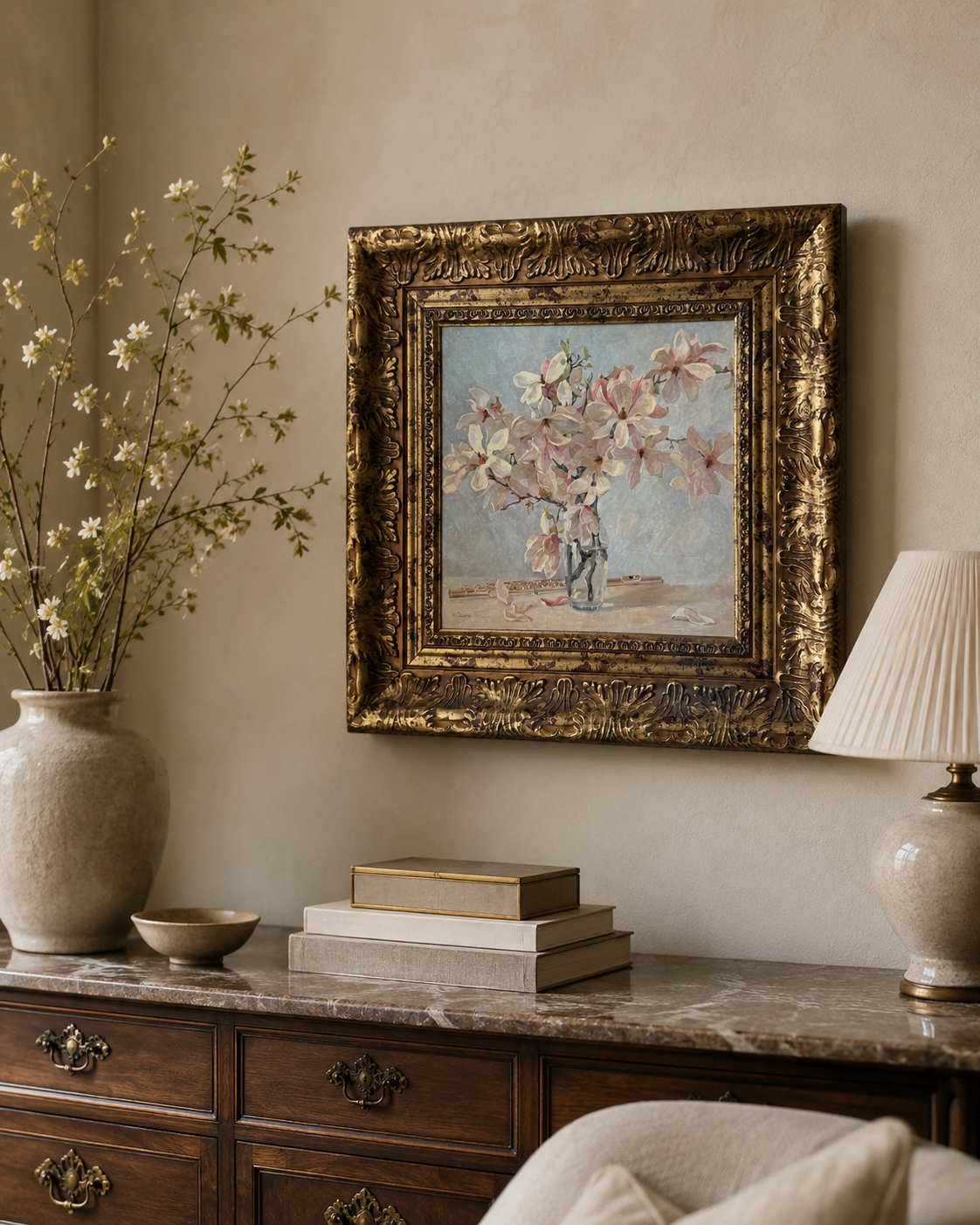 A framed painting of a flower arrangement on a table, hanging on a beige wall in a living room, with a large ceramic vase with flowering branches and a table lamp nearby.