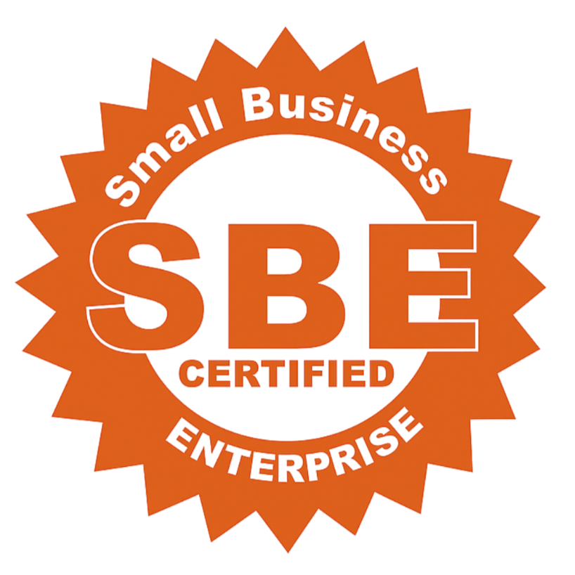 SBE Certified Small Business Enterprise badge in orange with a starburst shape.