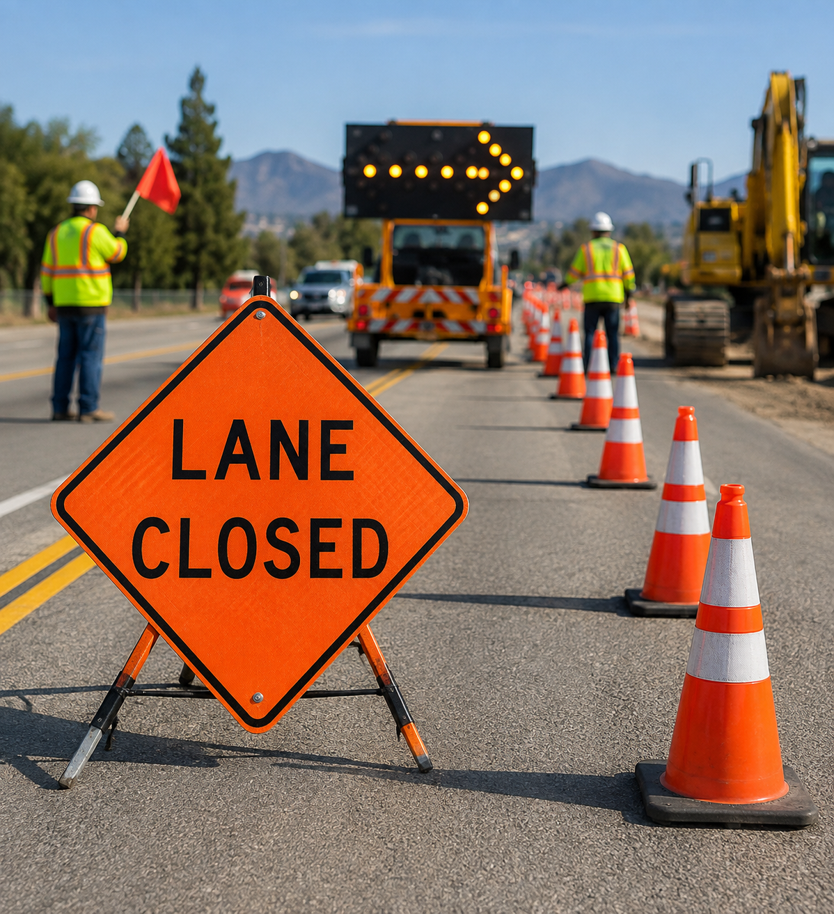 Worker in orange safety clothing applying white paint to asphalt road using spray equipment, creating a white line.