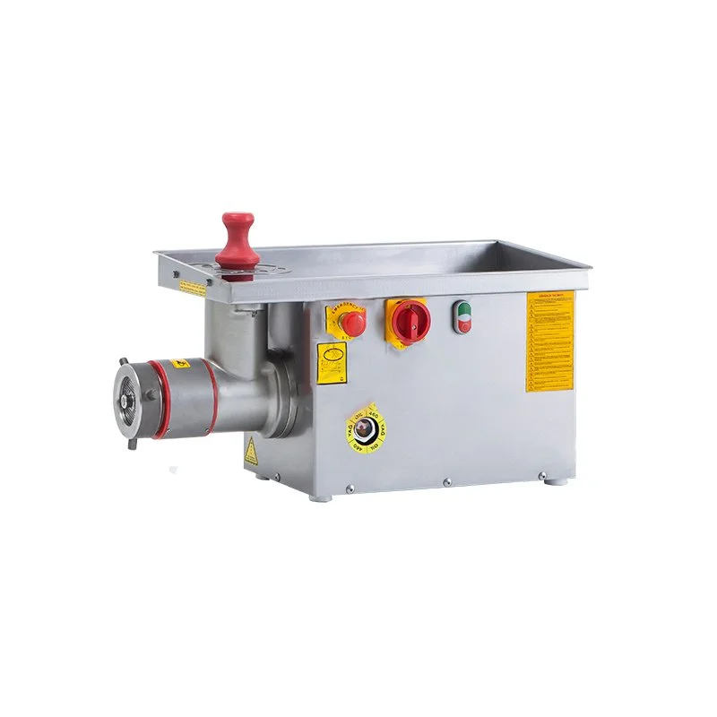 Commercial meat grinder with a metal body, red handle, and control knobs.