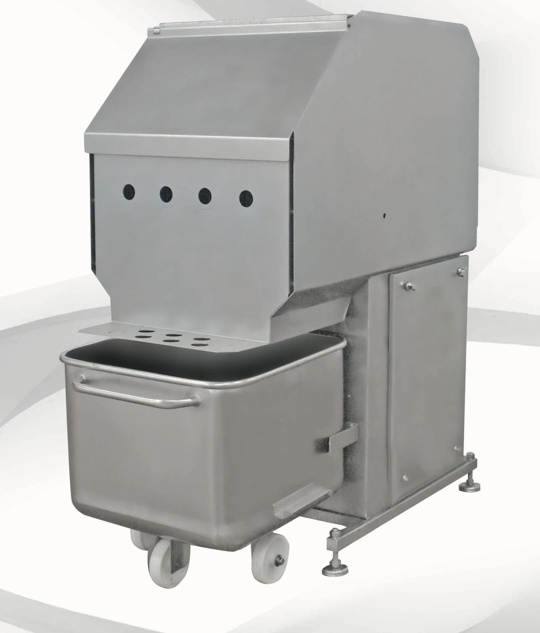 A stainless steel industrial dishwasher.