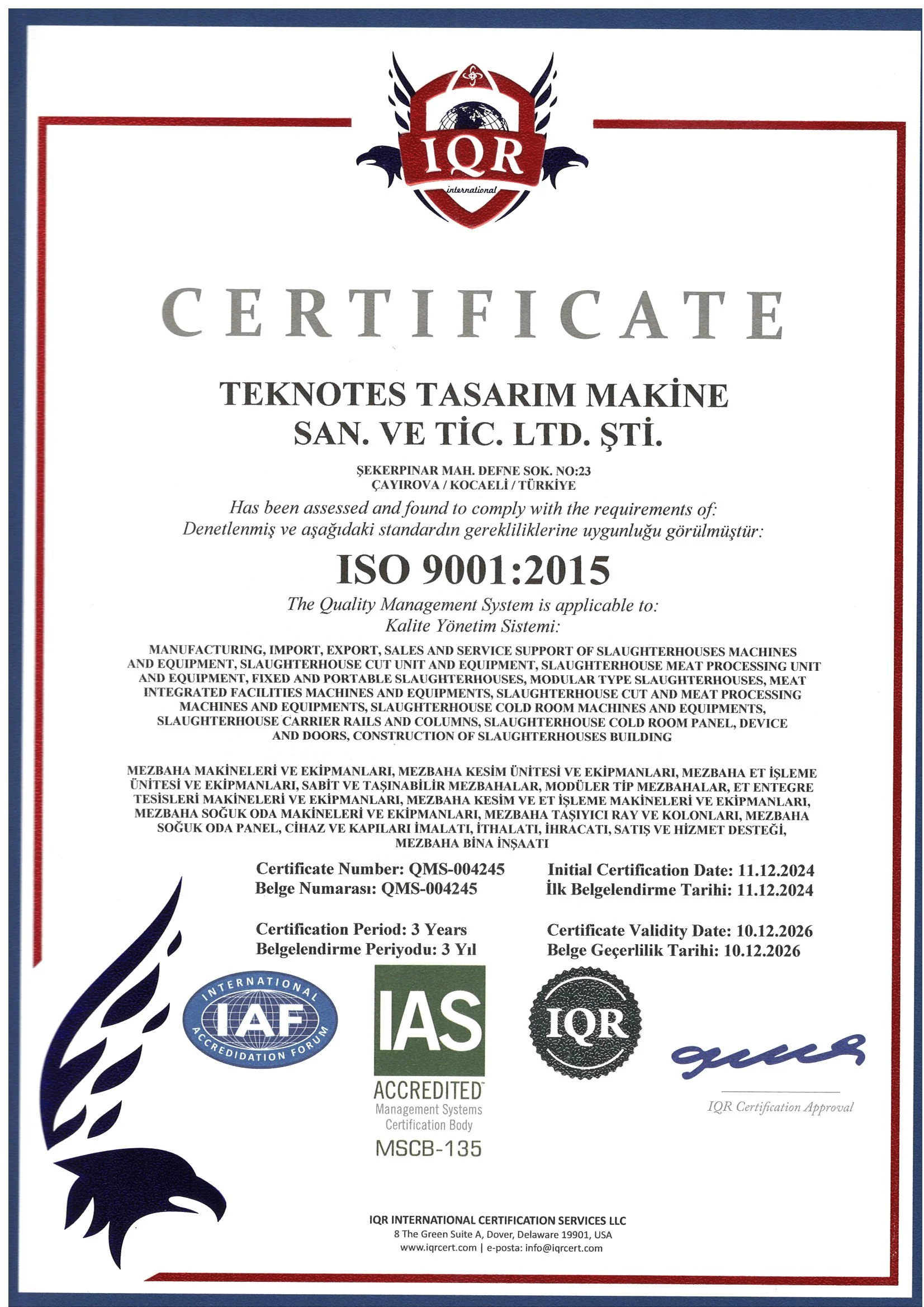 ISO 9001 certified slaughterhouse equipment manufacturer Teknotes Group
