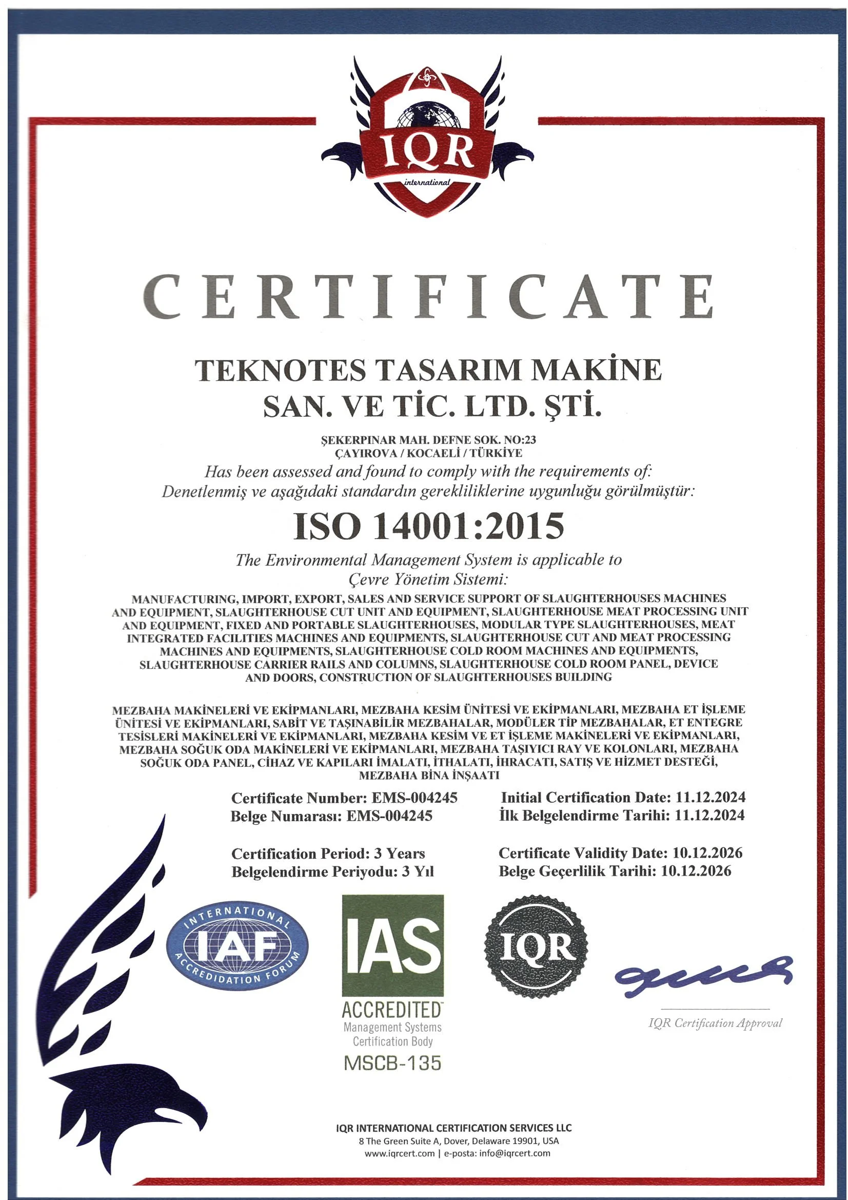 Teknotes Tasarım Makine ISO 14001 çevre yönetim sistemi belgesi