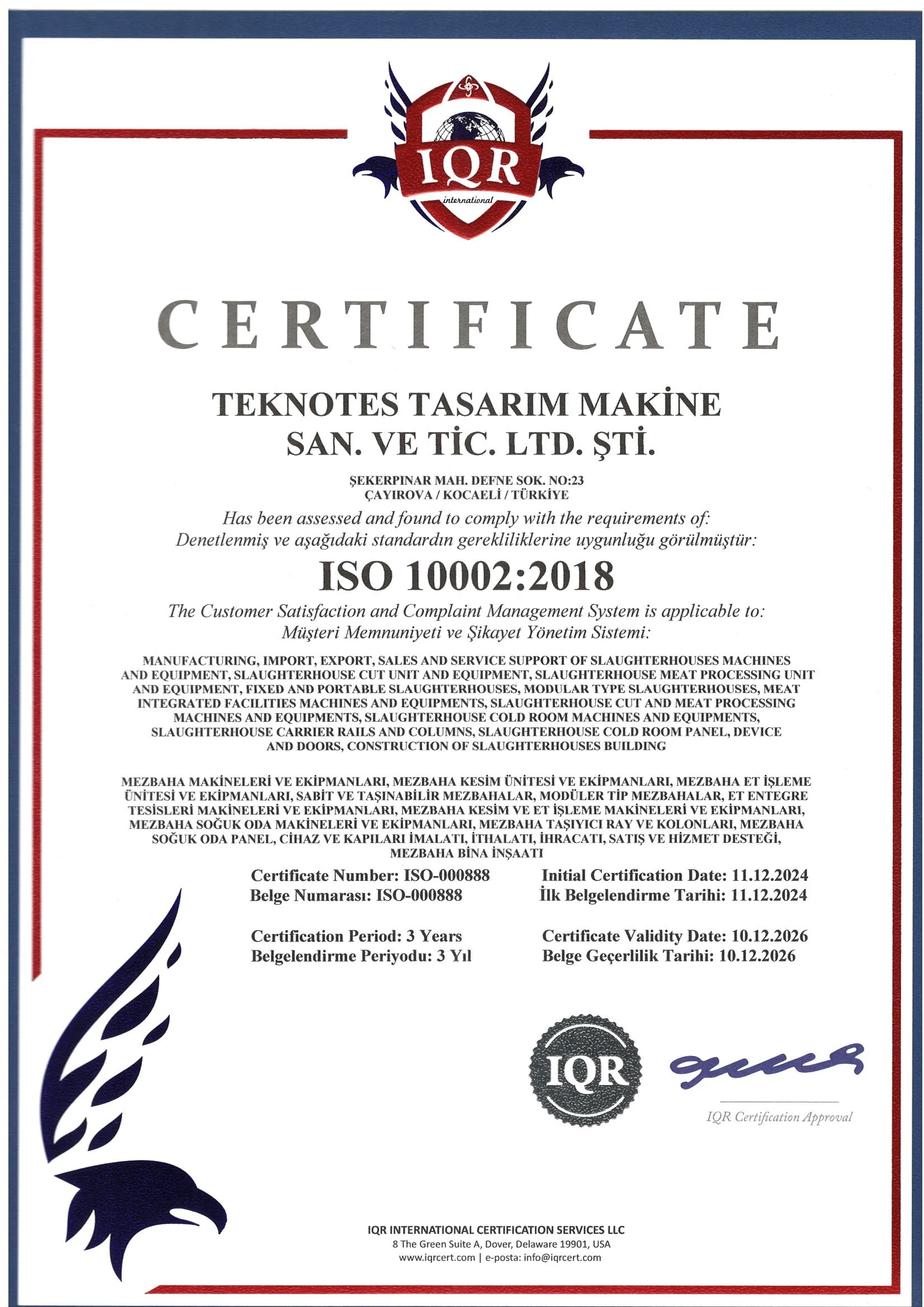 Teknotes Tasarım Makine ISO 10002 müşteri memnuniyeti yönetim sistemi belgesi