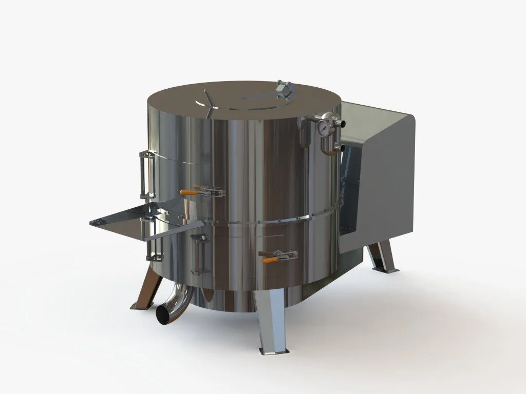 A stainless steel industrial autoclave or sterilizer with gauges and a door, used in manufacturing or medical sterilization.