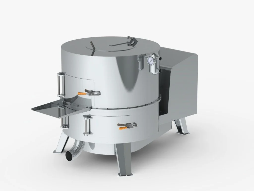 A metallic industrial machine, possibly a food or pharmaceutical processing equipment, with a cylindrical body, multiple clamps, a gauge, and a small attached tray or chute.