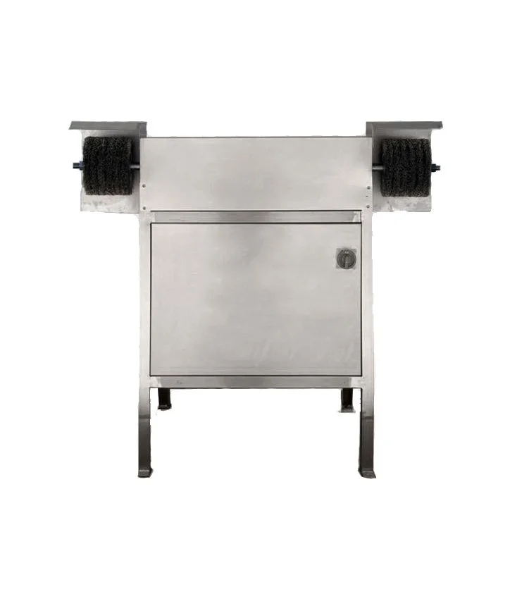 Stainless steel meat polishing machine with two brushes on either side and a storage compartment.