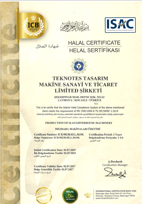Teknotes Tasarım Makine helal üretim uygunluk belgesi mezbaha makineleri üretimi