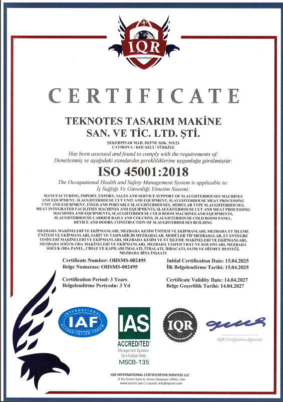 Teknotes Tasarım Makine ISO 45001 iş sağlığı ve güvenliği yönetim sistemi belgesi