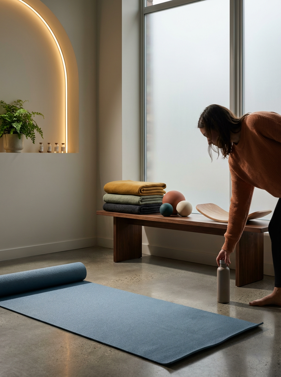 A woman hands rest on her knees in a yoga studio with a blue yoga mat on the floor, folded towels and exercise balls on a wooden bench, and a frosted window letting in natural light.