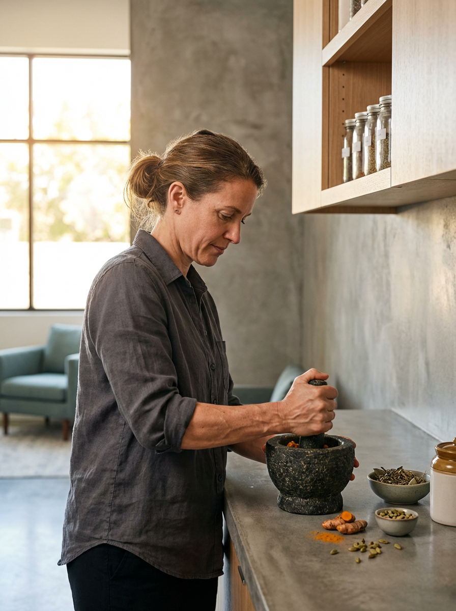 Woman grinding spices using a mortar and pestle in a modern kitchen.