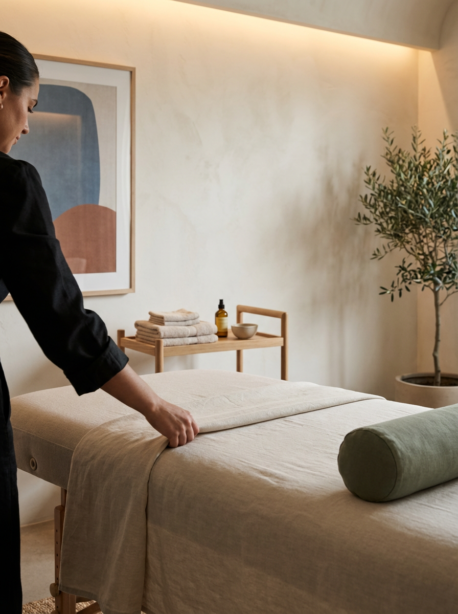 A person making a bed in a spa or massage room with beige walls, a wooden framed painting, a small wooden table with folded towels, a bottle, and a bowl, and a potted plant.