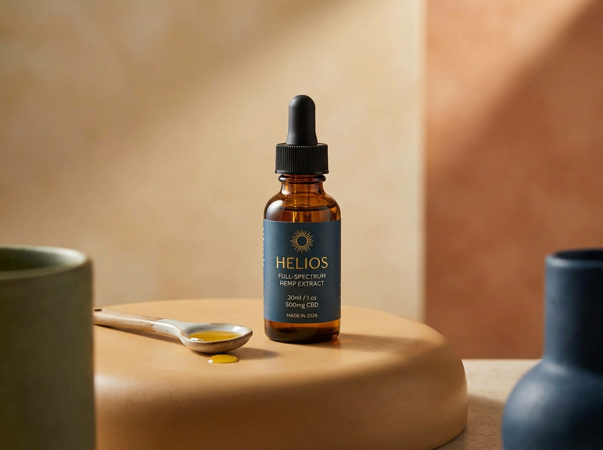 A small brown glass bottle with a dropper cap labeled 'HELIO'S' contains full-spectrum hemp extract with CBD. The bottle is placed on a light-colored wooden surface, with a spoon and a small amount of yellow liquid in front of it, and two blurred ceramic cups on either side.