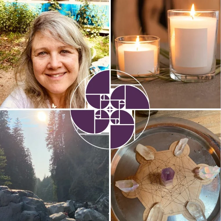 A collage of four images: a woman smiling outdoors, two lit candles in glass holders, a scenic forest with sunlight streaming through trees, and a crystal grid with various stones on a wooden background.