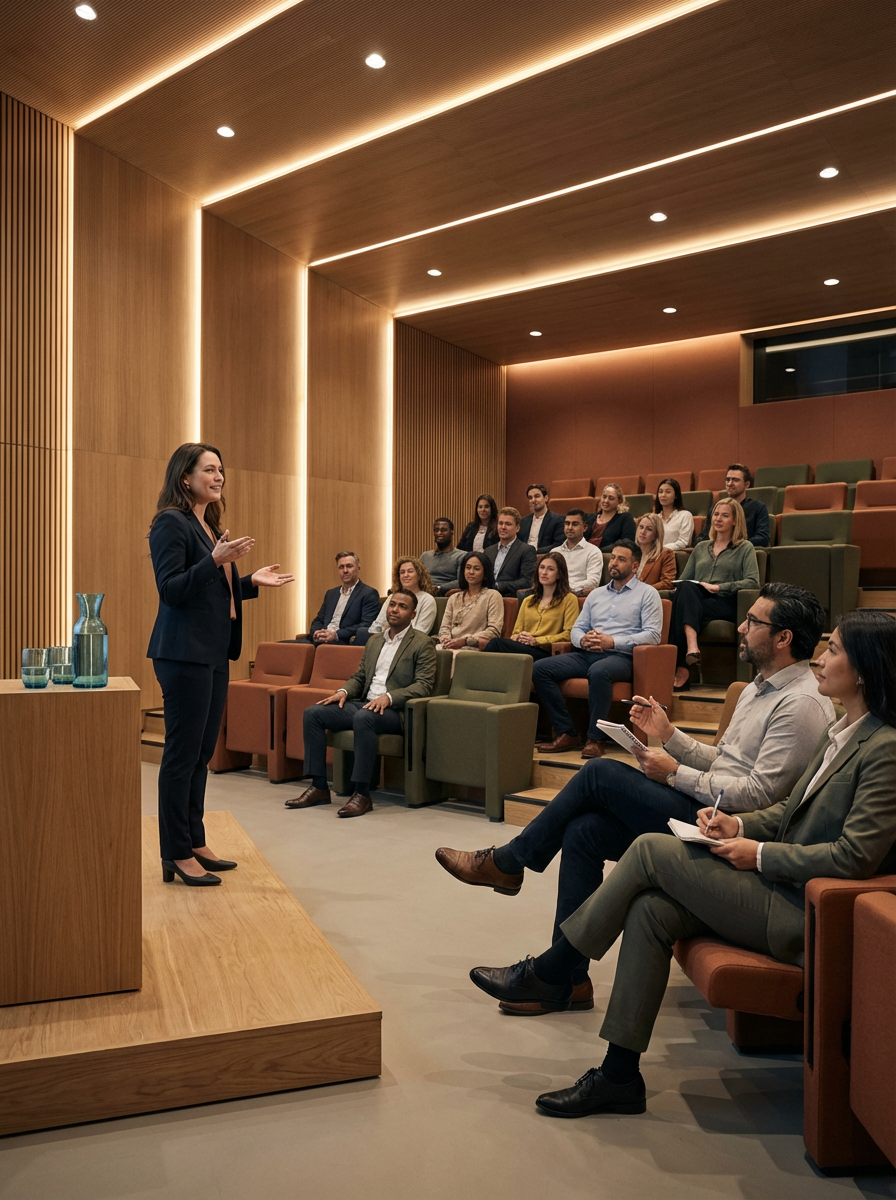 A woman in a dark suit giving a presentation or speech to an audience seated in tiered seats in a modern conference room with wooden walls and ceiling lighting.