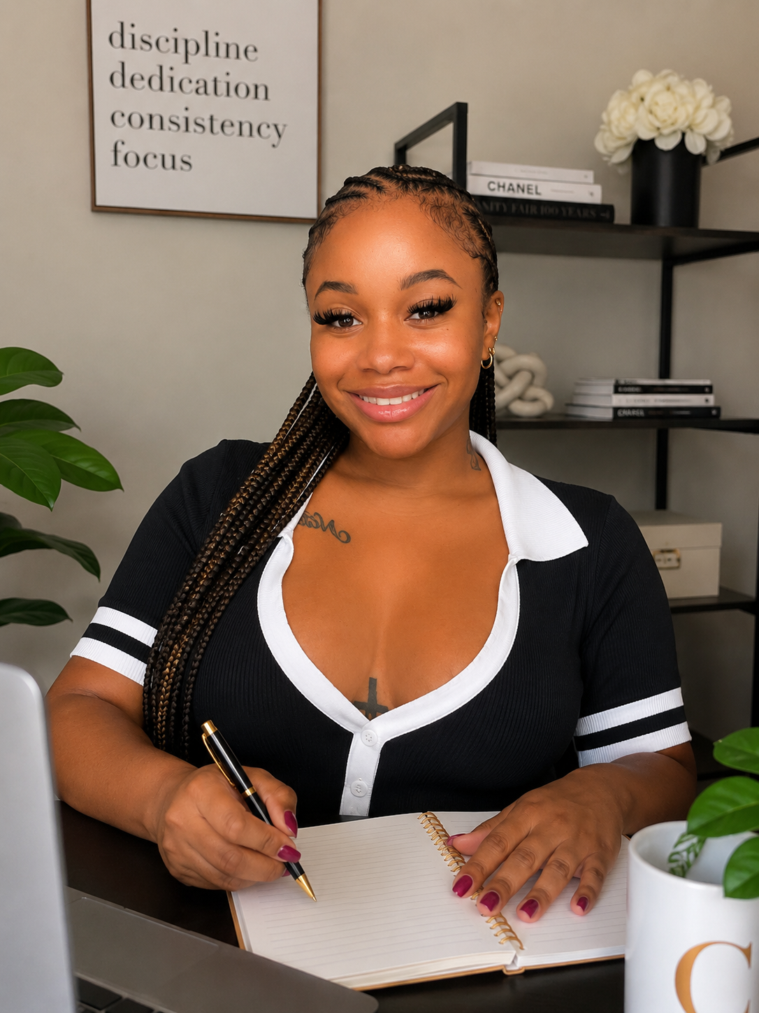 A woman with long braided hair, wearing a black and white shirt, sitting at a desk with a notebook and pen, smiling at the camera in an office setting.
