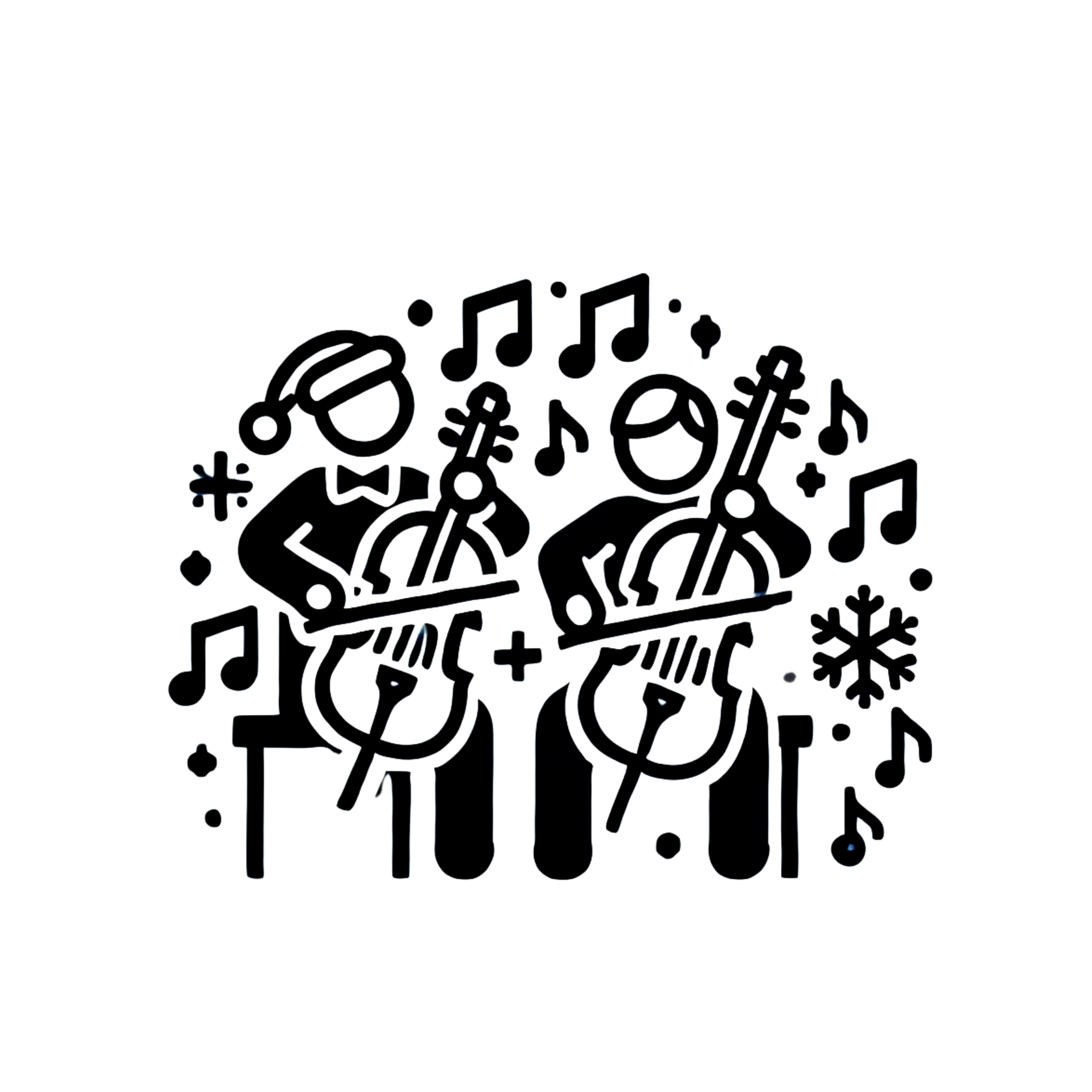 Line art illustration of musical notes and winter holiday symbols such as snowflakes, Christmas trees, and ornaments, arranged in a circular pattern.
